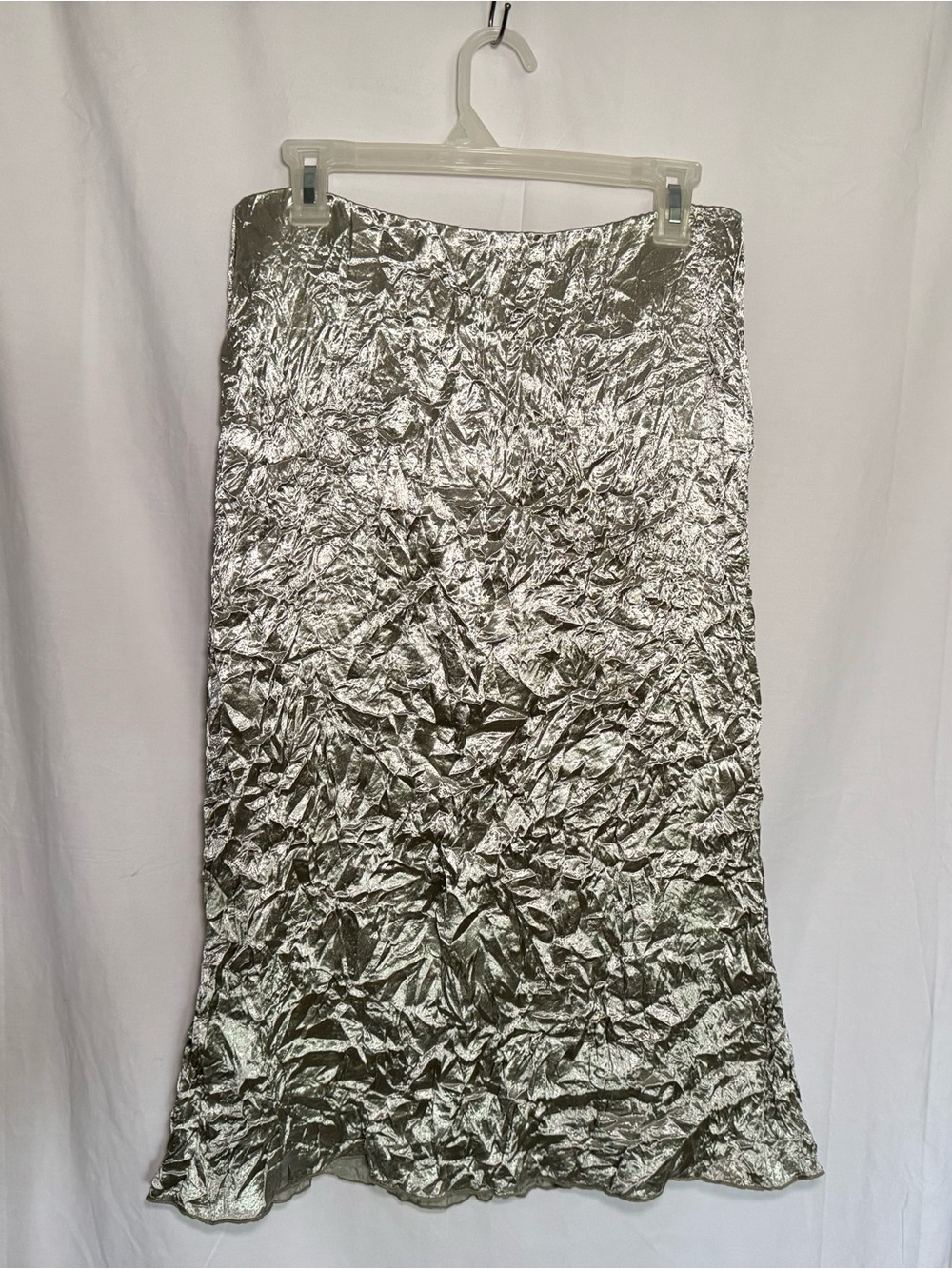 JNYLON STUDIOS Silver Metallic Crinkle Midi Skirt NWT Size L